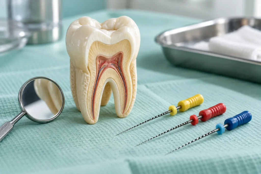 Model zuba s koreňmi a endodontické nástroje