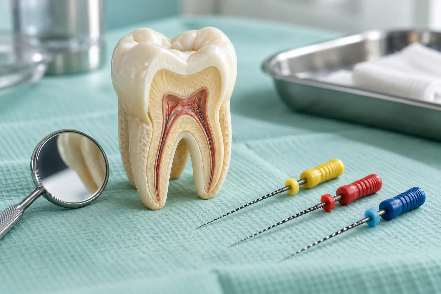 Model zuba s koreňmi a endodontické nástroje